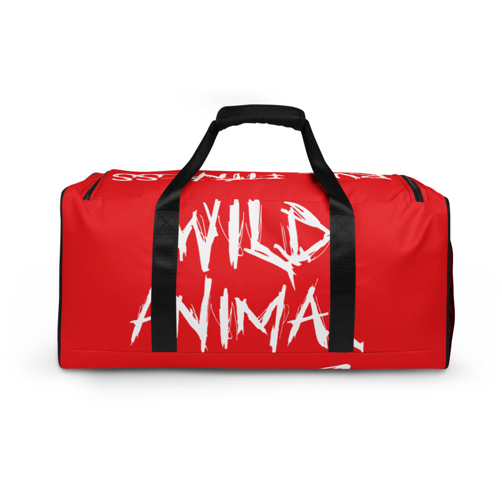 Red duffle bag featuring bold 'WILD ANIMAL' text design, perfect for athletes and casual carry. Accessories for your lifestyle.